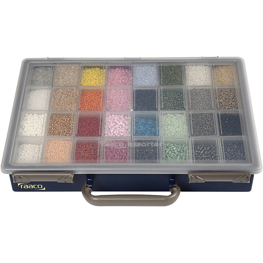 Perline Rocaille, diam 1,7+3+4 mm, misura 6/0+8/0+12/0, misura buco 0,5-1,2 mm, colori può variare , 32x100 g/ 1 conf. [HOB-688213]