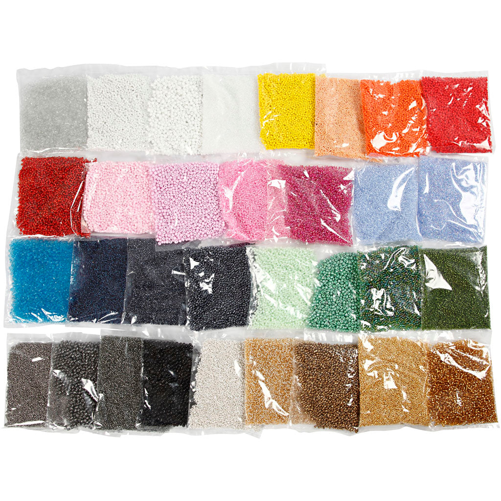 Perline Rocaille, diam 1,7+3+4 mm, misura 6/0+8/0+12/0, misura buco 0,5-1,2 mm, colori può variare , 32x100 g/ 1 conf. [HOB-68821]