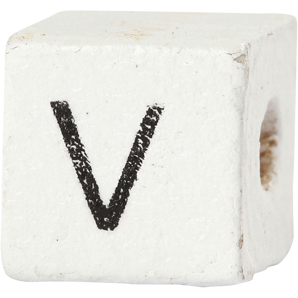 Perlina lettera, V, misura 8x8 mm, misura buco 3 mm, bianco, 25 pz/ 1 conf. [HOB-68972]