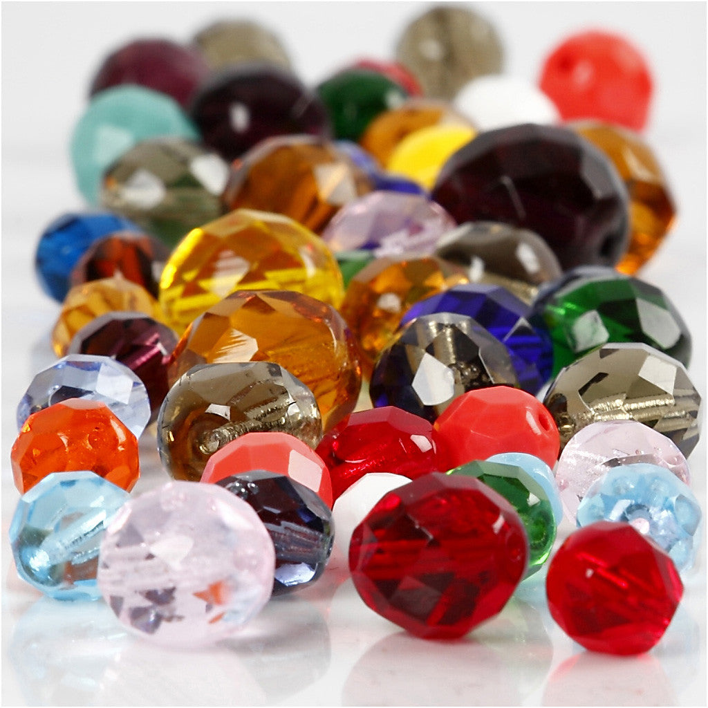 Faceted Beads, misura 3-15 mm, misura buco 0,5-1,5 mm, ca. 450 pz, colori asst., 400 g/ 1 conf. [HOB-69870]