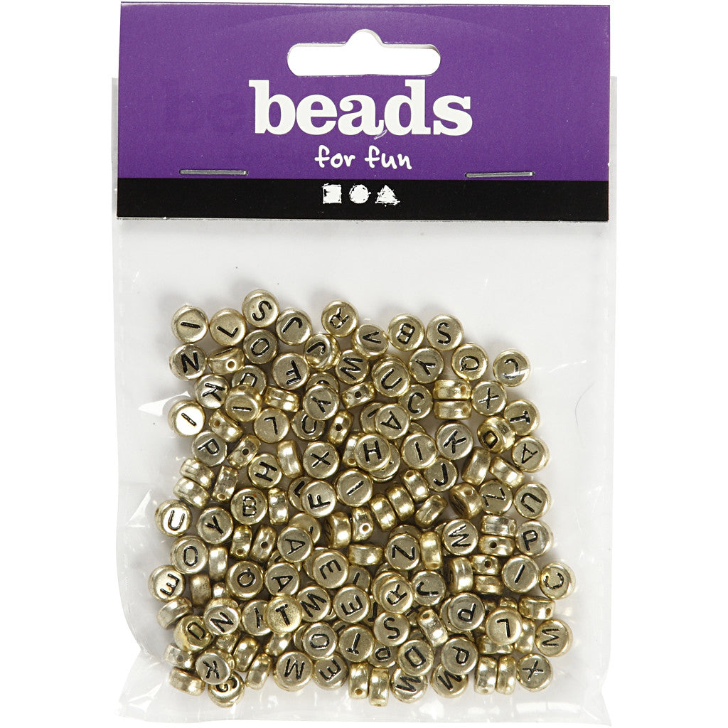 Perle lettere, diam 7 mm, misura buco 1,2 mm, ca. 200 pz, oro, 21 g/ 1 conf. [HOB-699300]