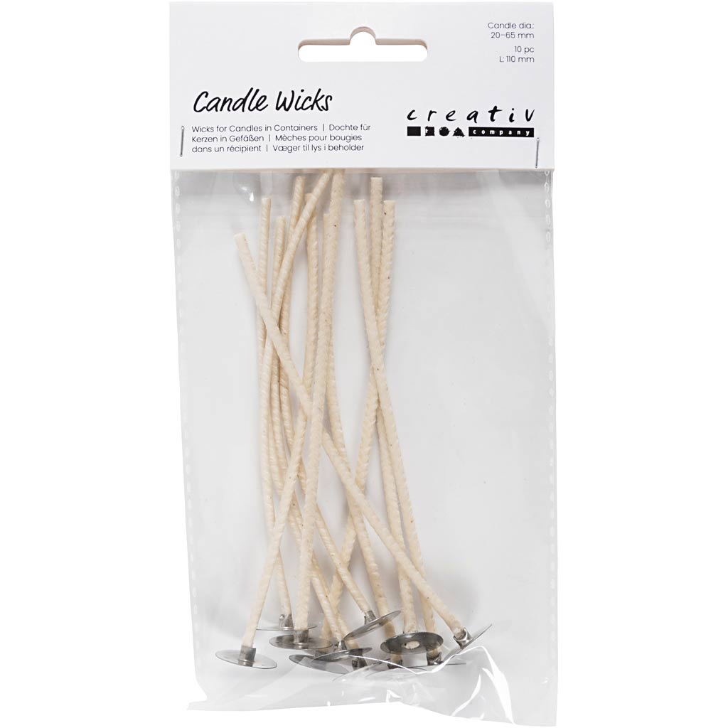 Stoppini per candele in contentiore, Adatto per contenitori con diametro di 20-65 mm, L: 110 mm, spess. 2 mm, 10 pz/ 1 conf. [HOB-73383]