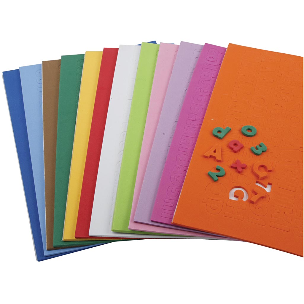 Lettere e numeri di EVA foam, H: 20 mm, spess. 3 mm, colori asst., 24 fgl. asst./ 1 conf. [HOB-79008]