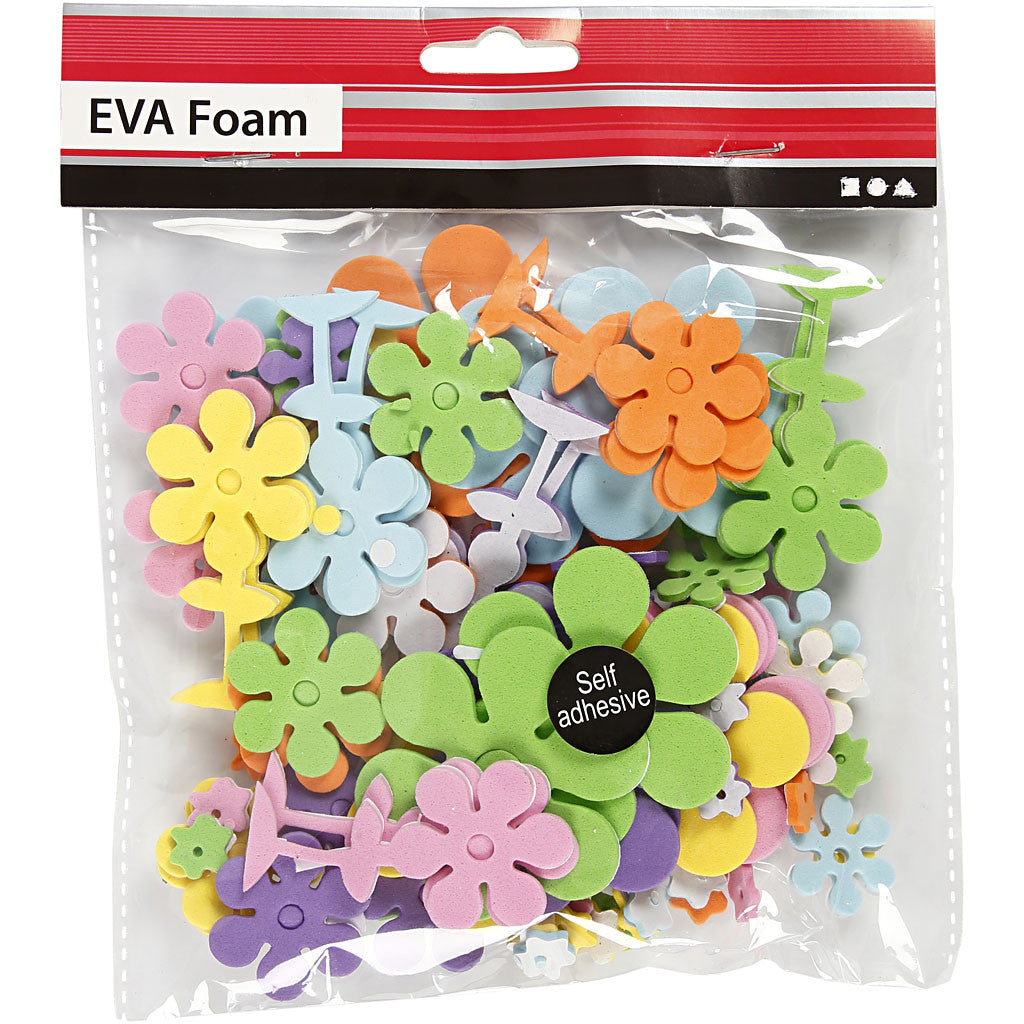 Adesivi in gomma crepla, Fiori, misura 10-60 mm, spess. 2 mm, colori asst., 100 pz/ 1 conf. [HOB-79020]