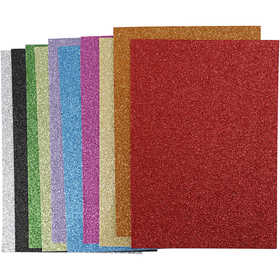 Fogli di gomma glitterata, A4, foglio 210x297 mm, spess. 2 mm, glitter, colori asst., 10 fgl. asst./ 1 conf. [HOB-79029]