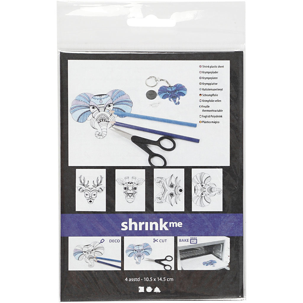 Fogli di plastica restringente con motivi, animali selvaggi, foglio 10,5x14,5 cm, spess. 0,3 mm, trasparente opaco, 4 fgl./ 1 conf. [HOB-79067]