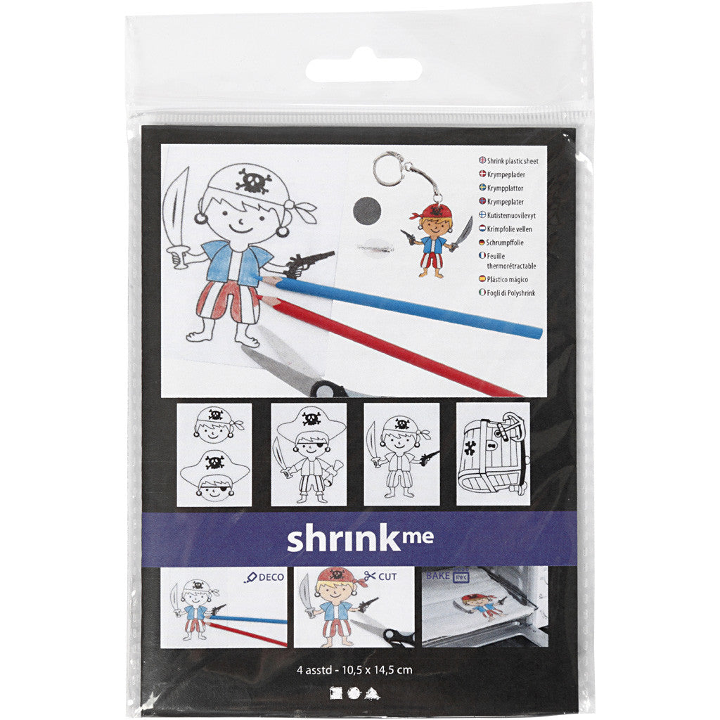 Fogli di plastica restringente con motivi, pirati, foglio 10,5x14,5 cm, spess. 0,3 mm, trasparente opaco, 4 fgl./ 1 conf. [HOB-790710]