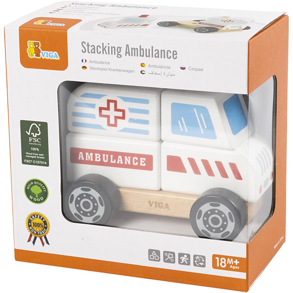 Giocattolo impilabile in legno per ambulanza VIGA , Ambulanza, misura 13x10x8 cm, 1 pz [HOB-907664]