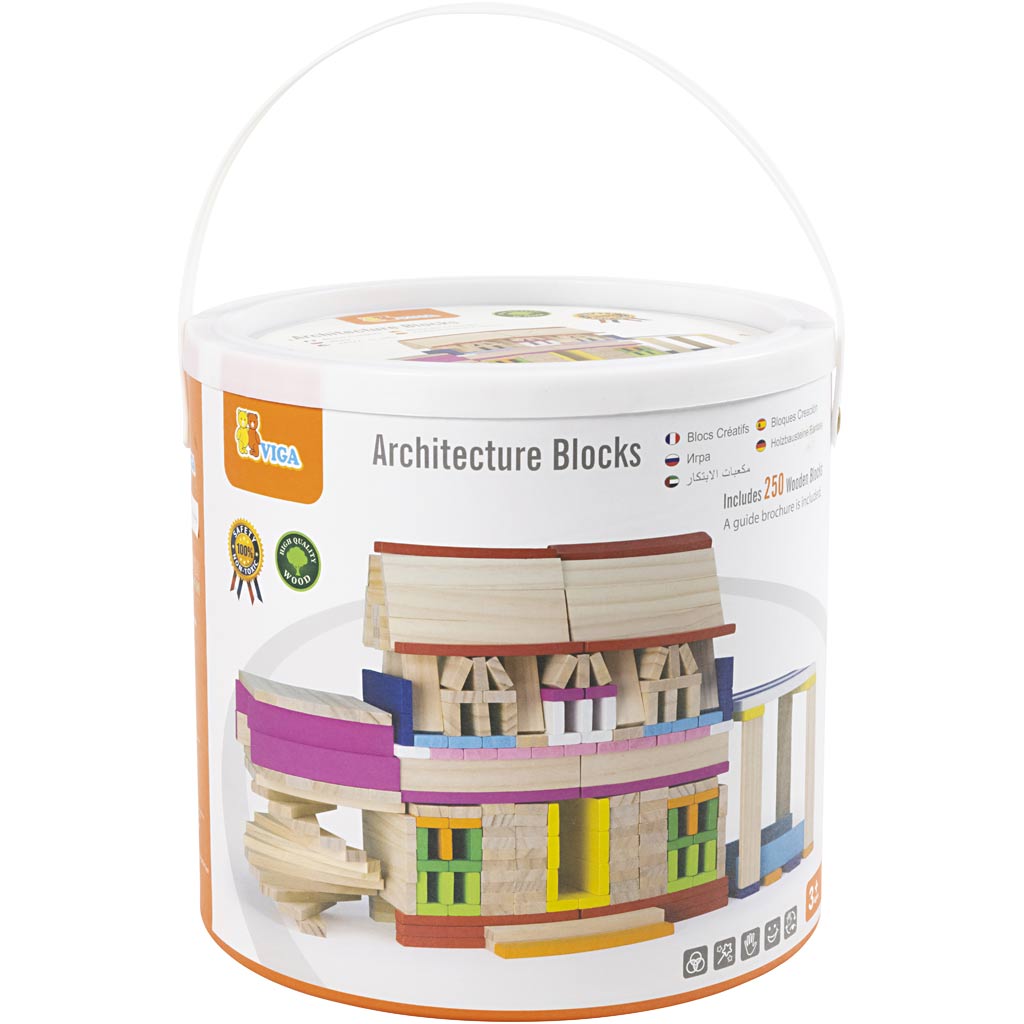 Blocchi da costruzione in legno VIGA, misura 10 cm, colori asst., 250 parti/ 1 conf. [HOB-907761]