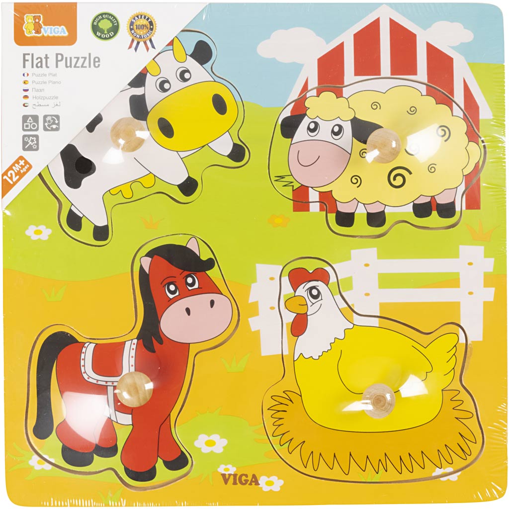 Puzzle con Pomello in legno VIGA, animali da fattoria, misura 22x22 cm, 4 pezzi, 1 pz [HOB-907764]