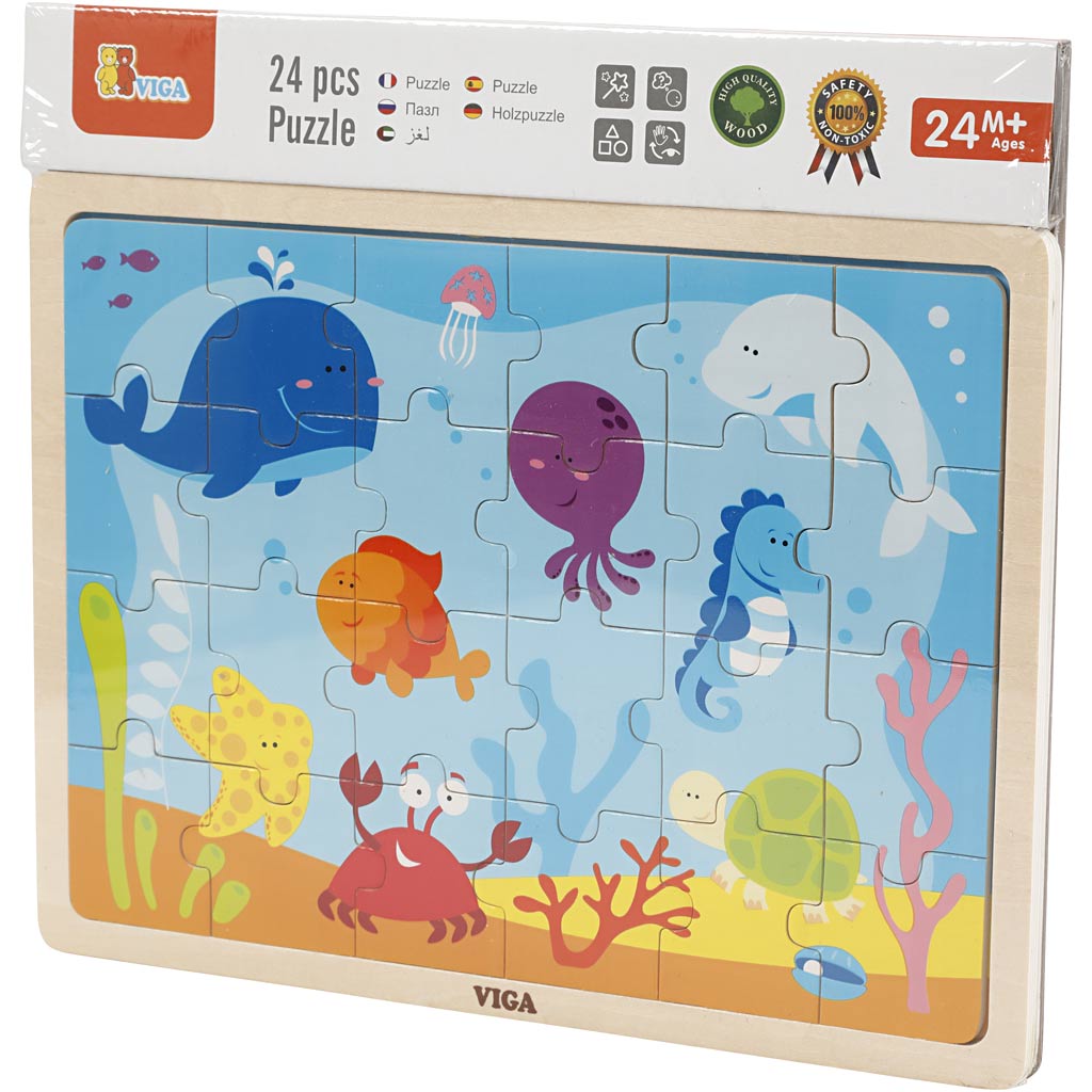 Puzzle in legno VIGA, animali marini, misura 30x22,5 cm, 24 pezzi, 1 pz [HOB-907791]