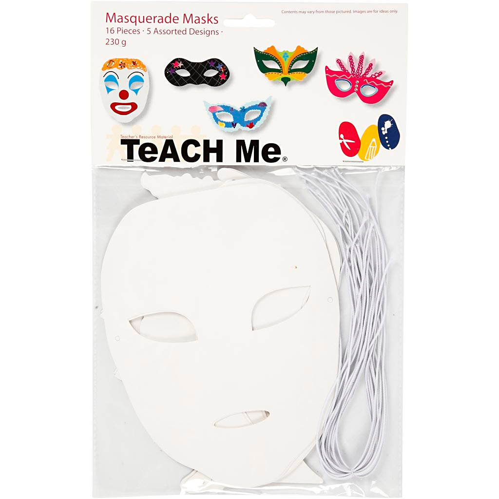 Maschere masquerade, H: 8,5-19 cm, L: 15-20,5 cm, 230 g, bianco, 16 pz/ 1 conf. [HOB-95216]