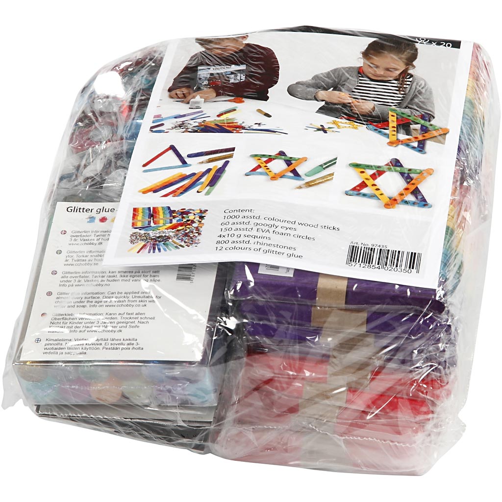 Glitter e bastoncini di legno, colori asst., 1 set [HOB-97435]
