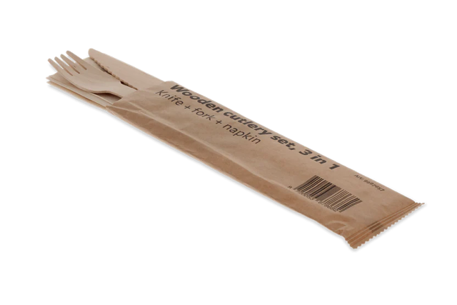Wooden cutlery set 3/1 knife + Fork + Napkin (250 pcs)