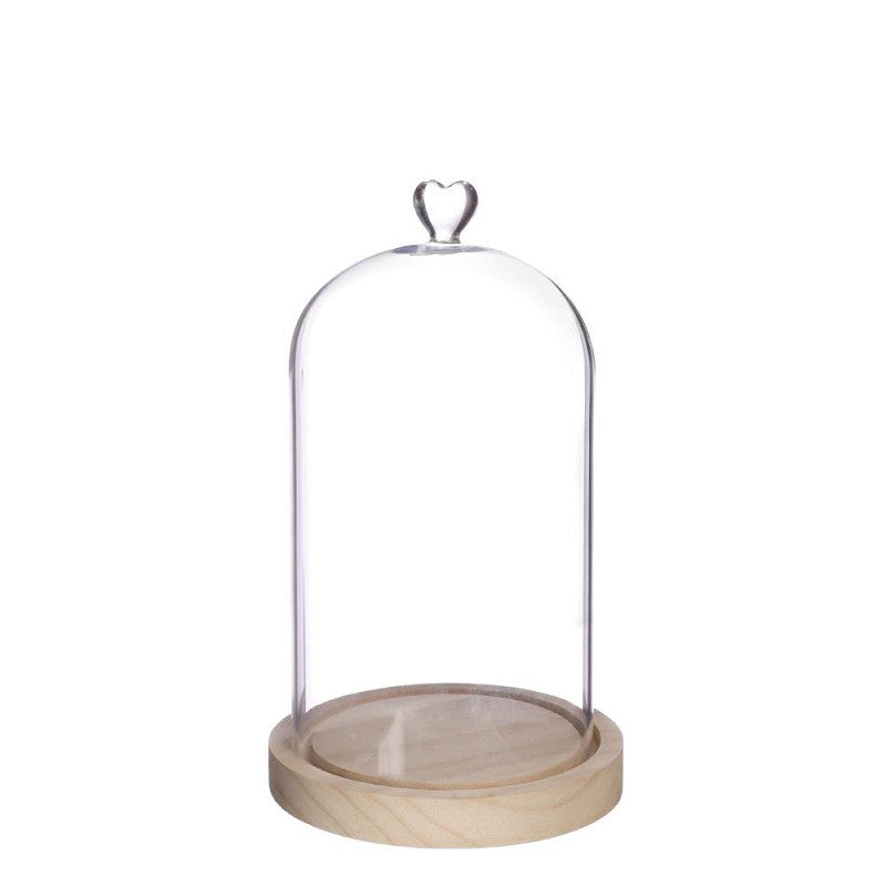 Campana di vetro con base di legno a forma di cuore Ø 14 cm, H. 24 cm (1 pezzo) [IFS-29364]