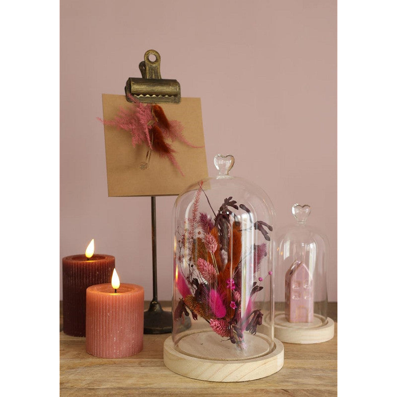 Campana di vetro con base di legno a forma di cuore Ø 14 cm, H. 24 cm (1 pezzo) [IFS-29364]