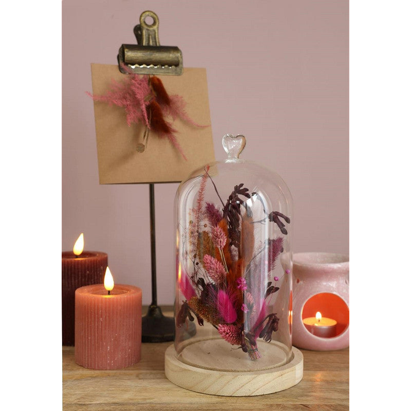 Campana di vetro con base di legno a forma di cuore Ø 14 cm, H. 24 cm (1 pezzo) [IFS-29364]