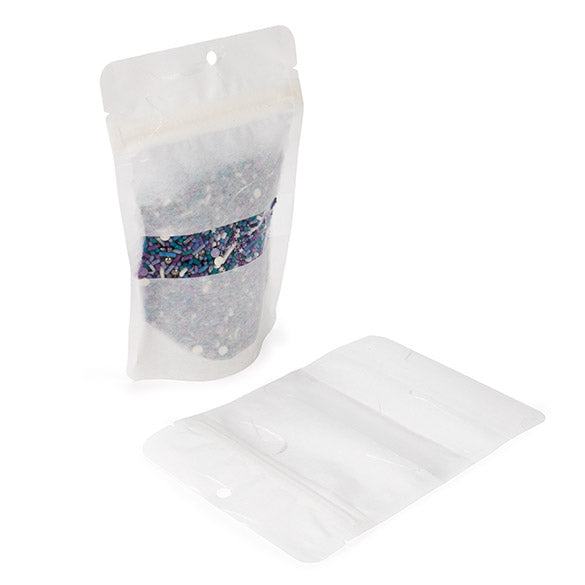 Ecologico Buste doypack carta riso bianche con Rectangle finestra con foro 10,2x6x15,2 cm (100 pz) [ZBGRC2W]