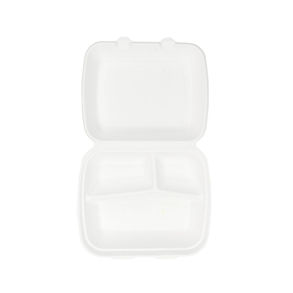 Vassoio portamenù con coperchio Canna da zucchero 3 spazi 25x20x7,5 cm (200 pezzi) [GB-DFC01337]