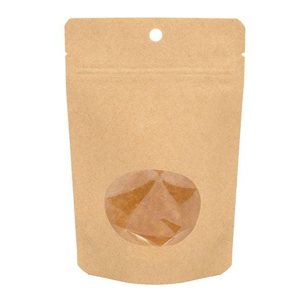 Buste doypack Kraft compostabili 10.2x6x15.2cm con finestra ovale | 57 grammi (100 pezzi) [ZBGEO2K]