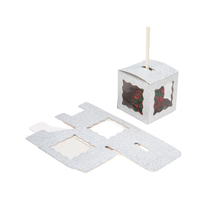 Scatole pieghevoli glitter argento 5,1x5,1x5,1 cm con finestra su 3 lati (25 pezzi) [FB1SGW]