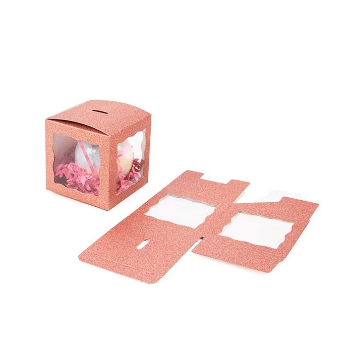 Scatole pieghevoli glitter oro rosa 7,6x7,6x7,6 cm con finestra su 3 lati (25 pezzi) [FB2RGW]