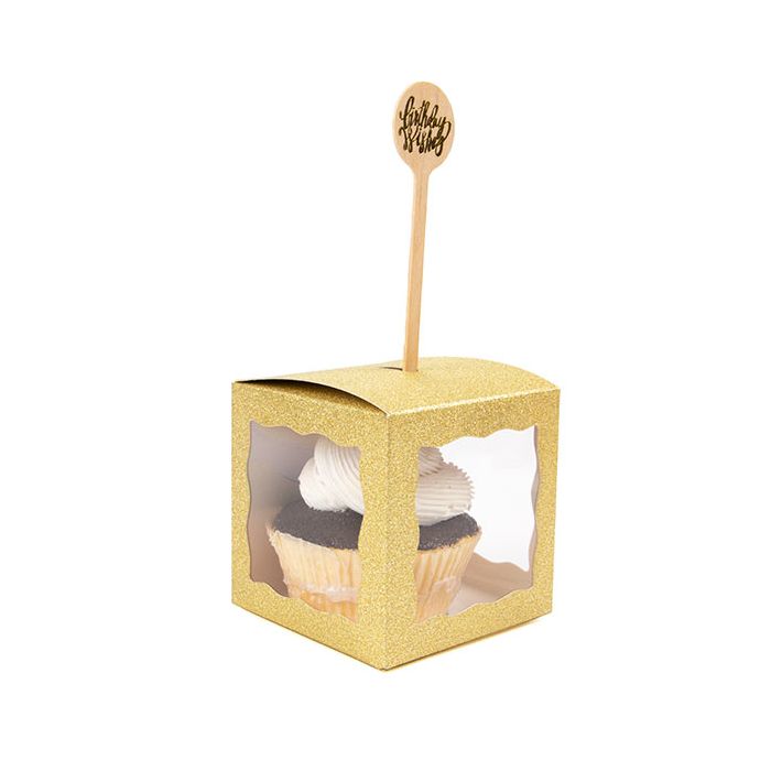 Scatole pieghevoli glitter oro 7,6x7,6x7,6 cm con finestra su 3 lati (25 pezzi) [FB2GGW]