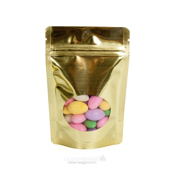 Buste doypack color oro con finestra ovale 10x6x15cm | 57 grammi (100 pezzi) [ZBGMO2SG]