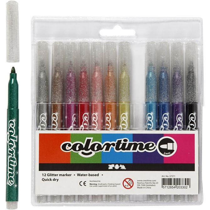 Colortime Glitter Marker, line width: 4.2 mm, asstd colours, 12pcs