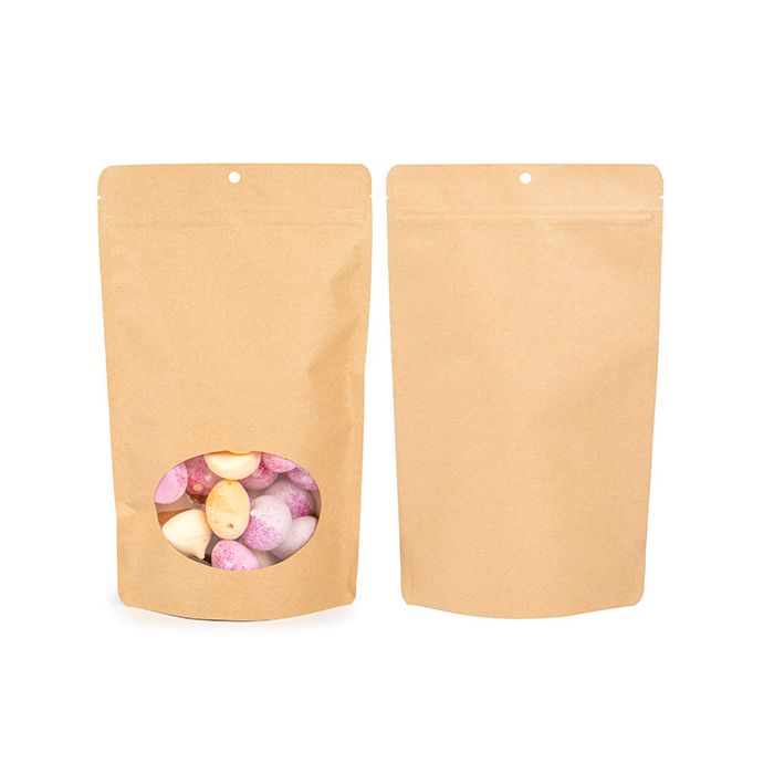 Buste doypack Kraft Compostabile 17.1x8.9x28.6 cm con oval finestra (100 pz) [ZBGEO4K]