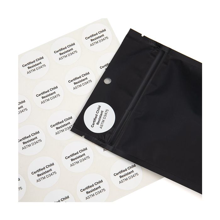 Adesivi rotondi'' Certified Child Resistant'' (bianche con nero text) 2,5 cm (1 Sheet) [LS1CCR]