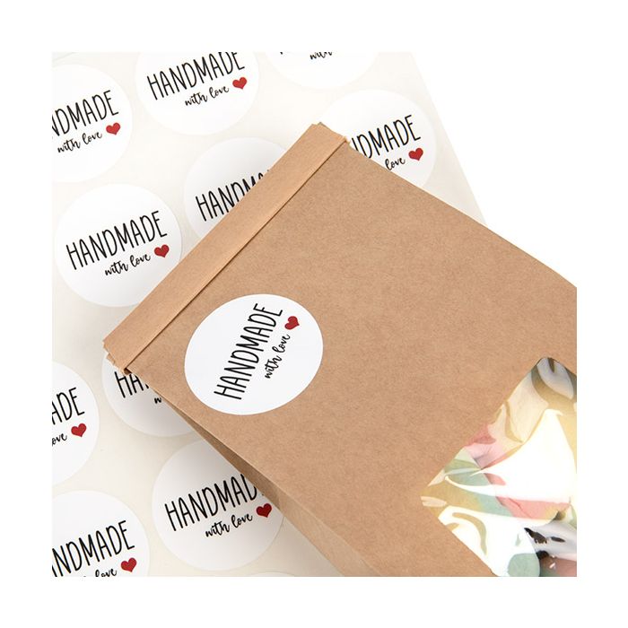 Adesivi rotondi ''Handmade with love'' (bianche con nero Text & Rosso cuore) 3,8 cm (1 Sheet) [LS1HHMLH]