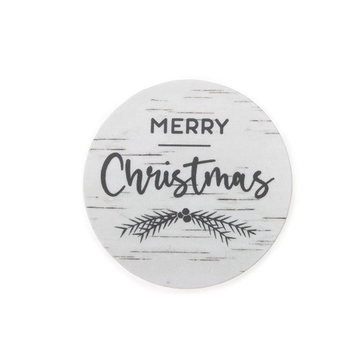 Stickers Round Merry Christmas (White Birch w/ Grey Text) 3,8 cm (1 Sheet)