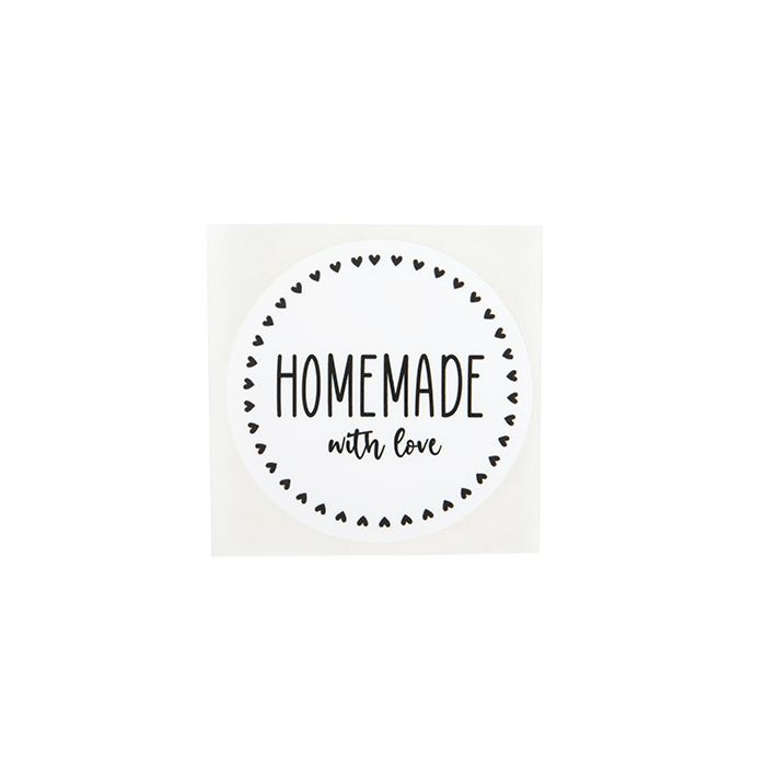 Stickers Round Homemade w/ Love (White w/ Black Text) 5,1 cm (1 Sheet)