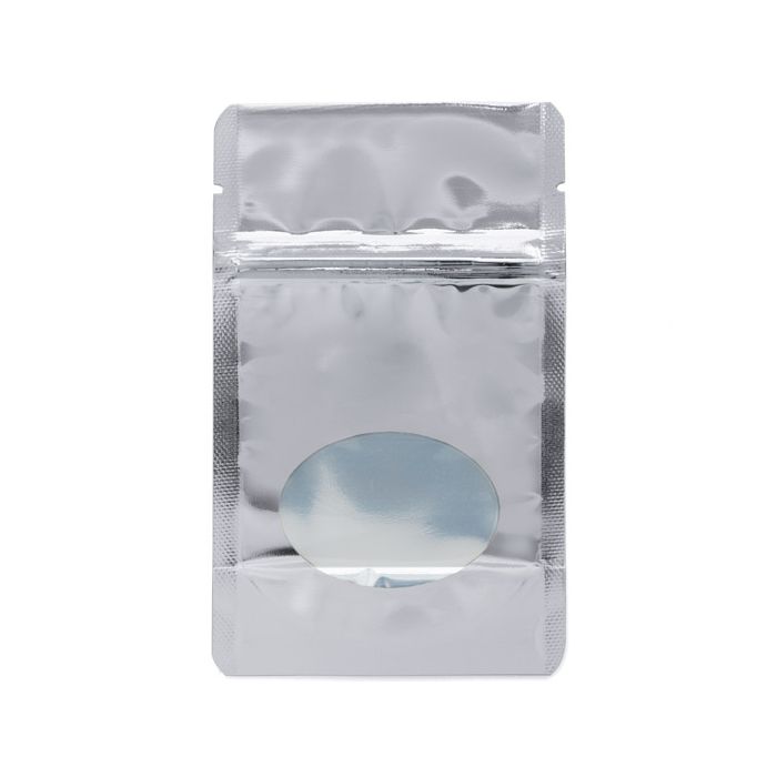 Buste doypack color argento con finestra ovale 8x5x13cm | 28 grammi (100 pezzi) [ZBGMO1S]