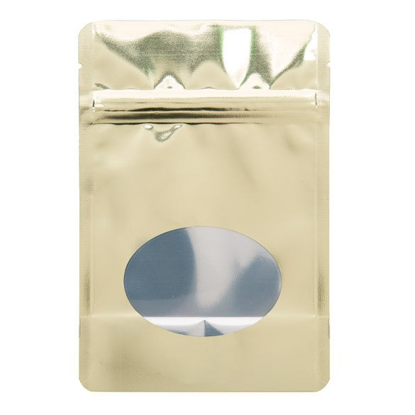 Buste doypack color oro con finestra ovale 10x6x15cm | 57 grammi (100 pezzi) [ZBGMO2SG]