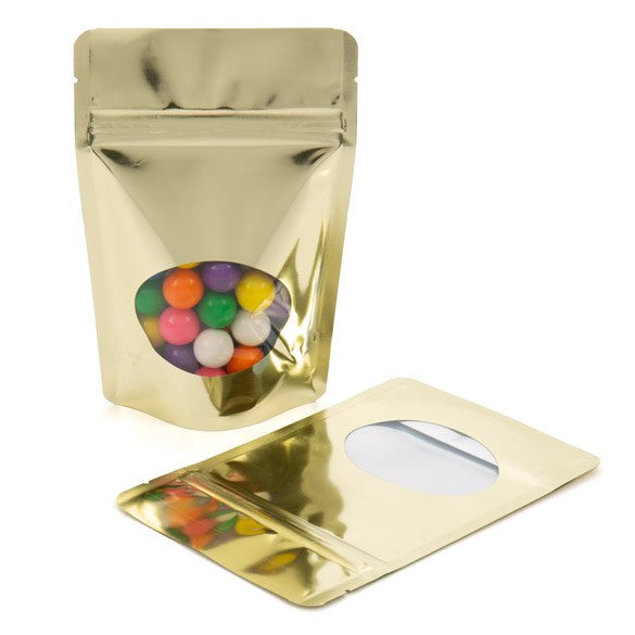 Buste doypack color oro con finestra ovale 10x6x15cm | 57 grammi (100 pezzi) [ZBGMO2SG]