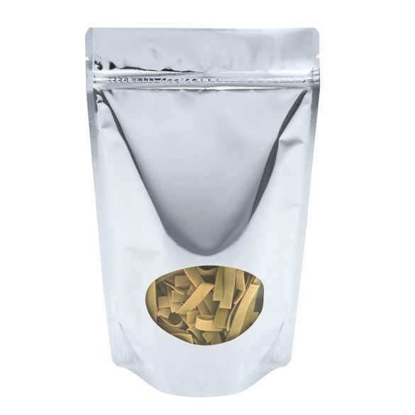 Buste doypack color argento con finestra ovale 17.1x8.9x28.6cm | 340 grammi (100 pezzi) [ZBGMO4S]