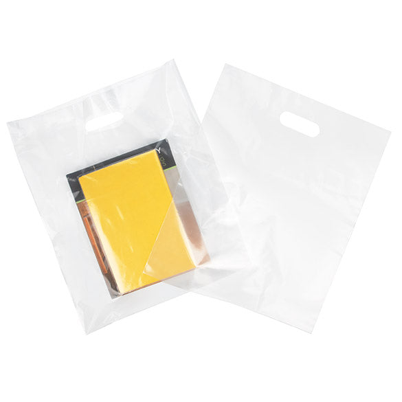 Buste con manico trasparenti 55 micron, 20% contenuto riciclato 38,1x45,7cm (100 pezzi) [H1518CL1R]