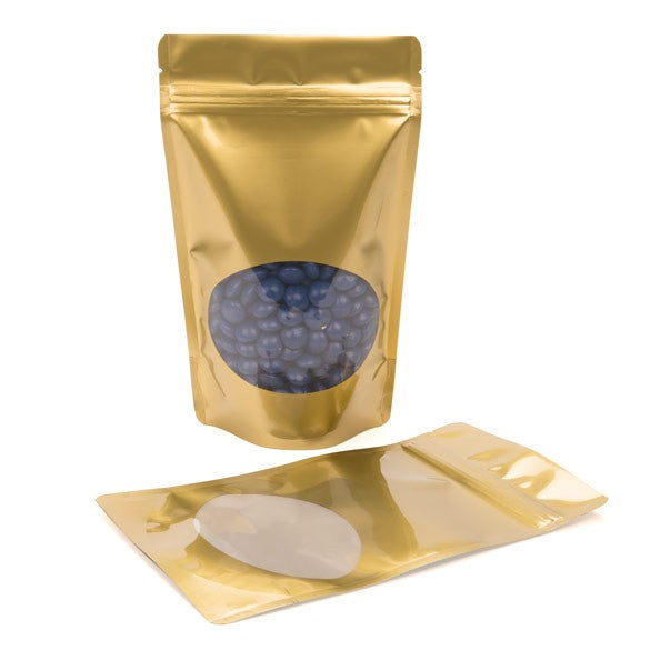 Buste doypack color oro con finestra ovale 13x7x20.5cm | 113 grammi (100 pezzi) [ZBGO3G]
