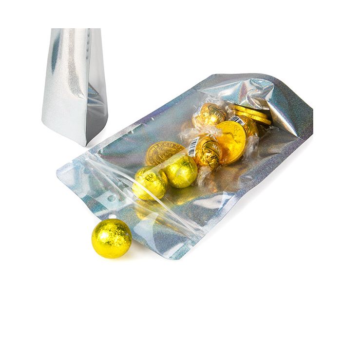 Buste doypack Trasparente/Glitter olografico 13x7,9x20,6 cm con foro di sospensione (25 pezzi) [ZBGHG3C]