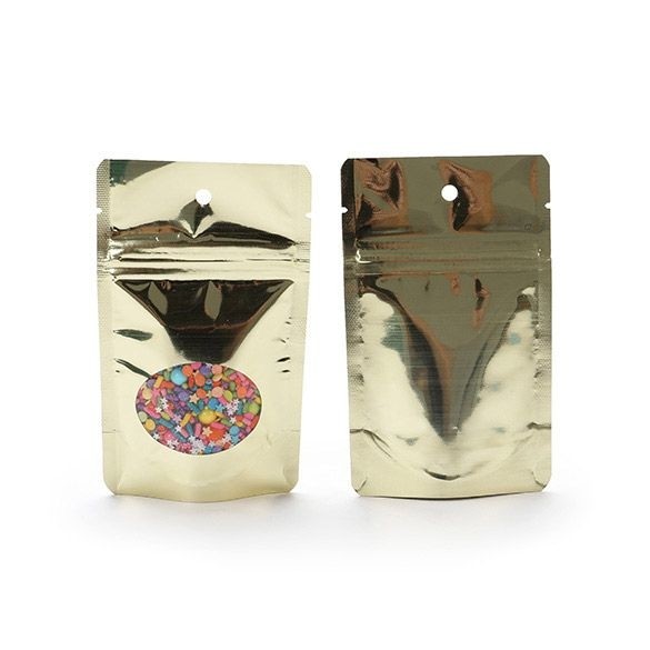 Buste doypack color oro con finestra ovale 8x5x13cm | 28 grammi con foro (100 pezzi) [ZBGMO1SGH]