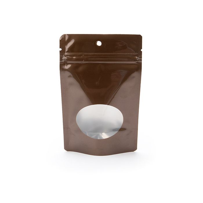 Buste doypack bronzo con Oval finestra 10.2x6x15.2 cm con rotondo foro (100 pz) [ZBGMO2BZH]