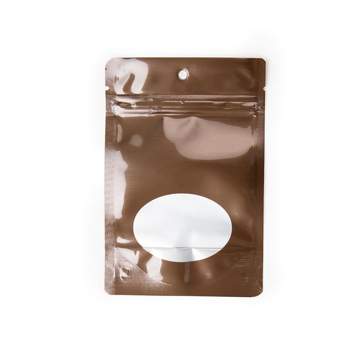 Buste doypack bronzo con Oval finestra 10.2x6x15.2 cm con rotondo foro (100 pz) [ZBGMO2BZH]