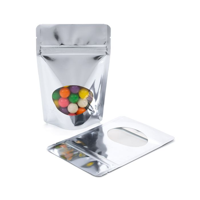 Buste doypack color argento con finestra ovale 10x6x15cm | 57 grammi (100 pezzi) [ZBGMO2S]