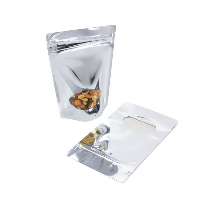 Buste doypack color argento con finestra ovale 13x7x20.5cm | 113 grammi (100 pezzi) [ZBGMO3S]