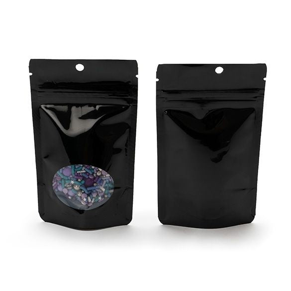 Buste doypack nere con finestra ovale 8x5x13cm | 28 grammi con foro (100 pezzi) [ZBGO1BH]