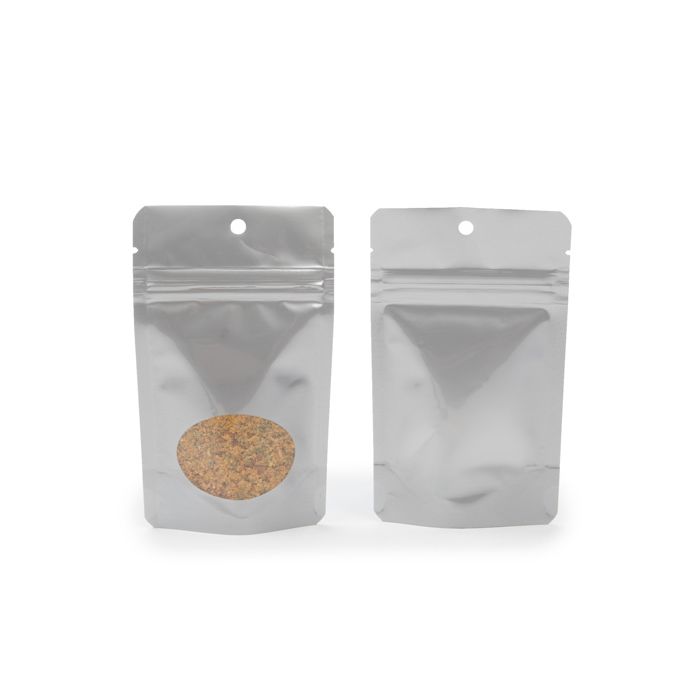 Buste doypack color argento con finestra ovale 8 x 5 x 13 cm + foro (100 pezzi) [ZBGO1SH]