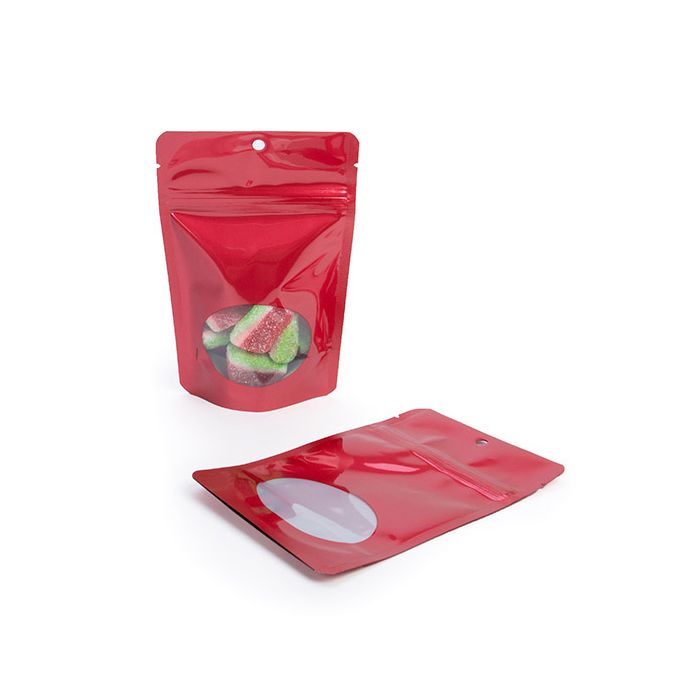 Buste doypack rosse con finestra ovale 10,2x6x15,2cm con foro (100 pezzi) [ZBGO2RH]