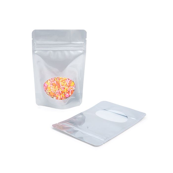 Buste doypack color argento con finestra ovale 10x6x15cm | 57 grammi (100 pezzi) [ZBGO2S]